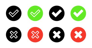 İşaretleme ve x işaretleme simgesi vektörü. İşaret simgesini onayla ve reddet