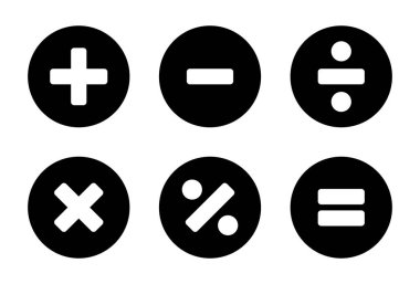 Temel matematiksel semboller. Matematiğin toplama, çıkarma, çarpma, bölme ve eşitlik simgesi