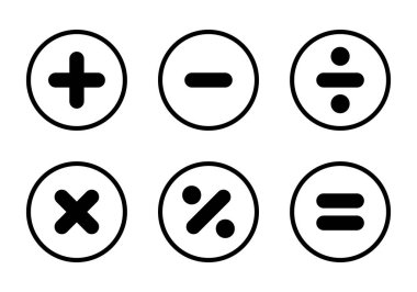 Toplama, çıkarma, çarpma, bölme, yüzde ve eşitlik simgesi vektörünü çember çizgisine ekle