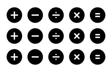 Toplama, çıkarma, bölme, çarpma ve eşitlik simgesi vektörü siyah çemberde