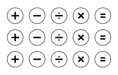 Toplama, çıkarma, bölme, çarpma ve eşitlik simgesi daire çizgisi üzerinde. Hesap makinesi sembolü vektörü