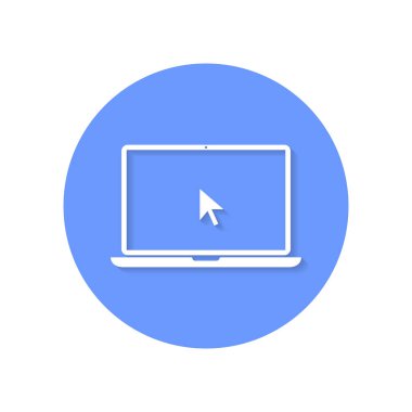 Gölgeli dizüstü bilgisayar ve imleç simgesi. Fare tıklamalı defter görüntüsü. Vektör illüstrasyonu