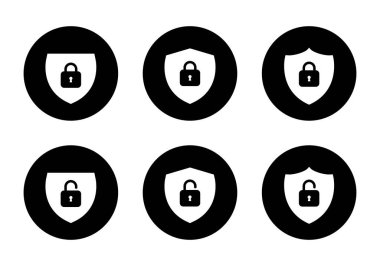 Kalkan simgesinin kilidini aç ve kilidi aç. Güvenlik, güvenlik sembolü vektörü