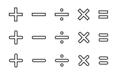 Temel matematik sembolleri. Satır biçiminde toplama, çıkarma, bölme, çarpma ve eşitlik simgesi vektörü