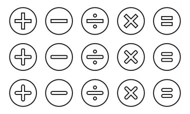 Çember çizgisi üzerinde temel matematik sembolleri. Toplama, çıkarma, bölme, çarpma ve eşitlik simgesi vektörü