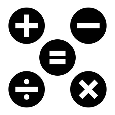 Siyah dairenin hesap makinesi anahtar vektörü. Toplama, çıkarma, bölme, çarpma ve eşitlik sembolü