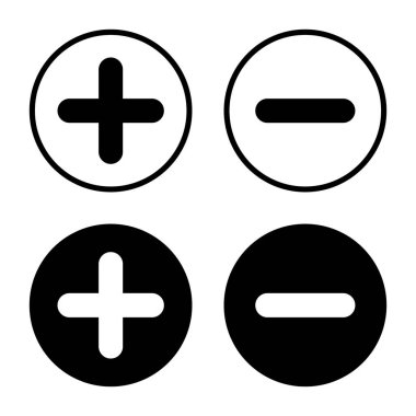 Artı ve eksi siyah çemberdeki ikon vektörü. Pozitif ve negatif işaret sembolü