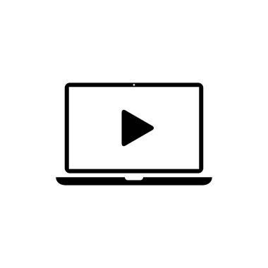 Dizüstü bilgisayar ekran simgesinde oynat düğmesi. Bilgisayar görüntüleme konseptinde video oynatıcı