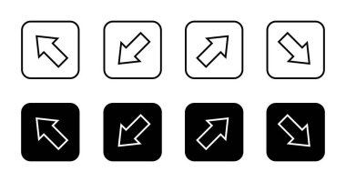 Yukarı doğru, aşağı doğru, yukarı sola doğru, ve aşağı doğru sağ ok çizgi simgesi siyah kare