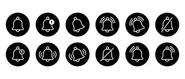 Siyah daire üzerindeki uyarı çanı simgesi koleksiyonu. Uyarı, anımsatma işareti sembolü