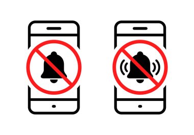 Bell forbidden sign on phone screen icon. Turn off notification symbol clipart