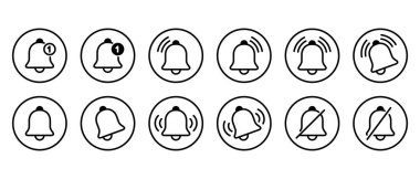 Çan taslak simgesi koleksiyonu daire çizgisi üzerinde. Uyarı, uyarı işareti sembolü