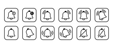 Çan taslak simgesi koleksiyonu kare çizgide. Uyarı, uyarı işareti sembolü