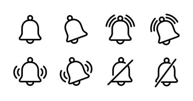 Haber çanı ana hatları simge seti koleksiyonu. Alarm anımsatıcı, uyarı işareti simgesi