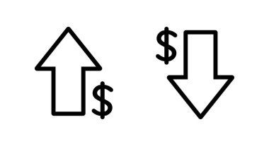 Beyaz arkaplanda dolar yukarı ve aşağı simgesi izole. USD büyüme ve gerileme işareti simgesi