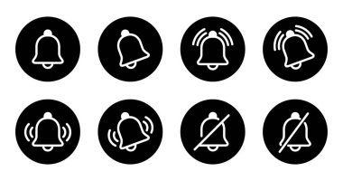 Siyah daire üzerindeki uyarı çanı ana hatları simgesi koleksiyonu. Alarm anımsatıcı, uyarı işareti simgesi