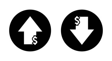 Dolar şeklinde ok büyümesi ve siyah çemberdeki ikon azalması. USD yukarı ve aşağı işaret sembolü