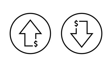 Yukarı ve aşağı dolar ok simgesi daire çizgisi üzerinde. USD büyüme ve gerileme işareti simgesi