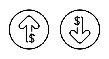 Yuvarlak çizgide yukarı ve aşağı dolar ok ana hatları simgesi. USD işaret sembolünü çoğalt ve azalt