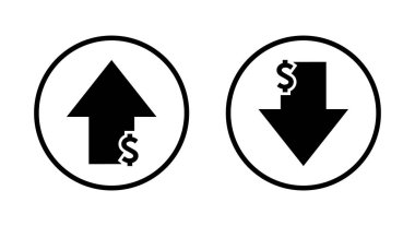 Dolar şeklinde ok büyümesi ve daire çizgisi üzerinde simge azalması. USD yukarı ve aşağı işaret sembolü