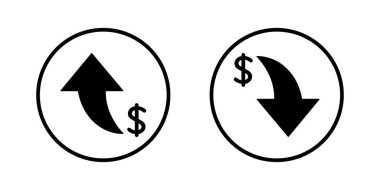 Dolar yukarı ve aşağı ikon daire çizgisi üzerinde. USD para birimi ok işareti simgesini yükselt ve azalt