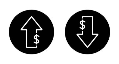 Siyah çemberin üzerinde dolar taslak simgesi var. Düşük ve yüksek fiyatlı ok işareti