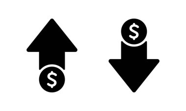 Yükselen ve alçalan dolar fiyatı simgesi. USD madeni para büyümesi ve düşüş işareti sembolü