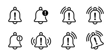 Alarm çanı ana hatları simgesi koleksiyonu uyarılıyor. @ info Bildirim işareti. Tehlike ikaz sembolü