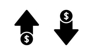 Beyaz arka planda izole edilmiş dolar fiyatı simgesi. USD madeni para büyümesi ve düşüş işareti sembolü