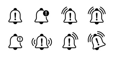 Uyarı çan ana hatları simgesi koleksiyonu genel tasarımda uyarılıyor. Tehlike ikaz sembolü. Bildirim işareti