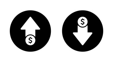 Siyah çemberde dolar fiyatı yükseldi ve düştü. USD madeni para büyümesi ve düşüş işareti sembolü