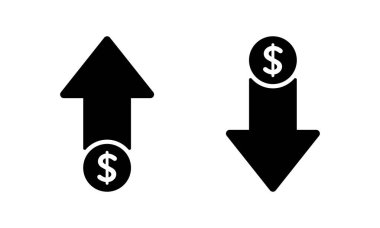 Dolar fiyatı, ikon vektörünün üstünde ve altında. ABD para birimi büyümesi ve düşüş işareti sembolü