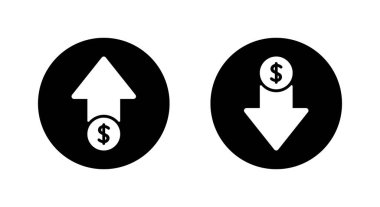 Siyah çemberde dolar fiyatı yükseldi ve düştü. USD büyüme ve gerileme işareti simgesi