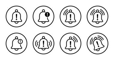 Alarm çanı simgesi koleksiyonu çember çizgisine ayarlandı. @ info Bildirim işareti. Tehlike ikaz sembolü