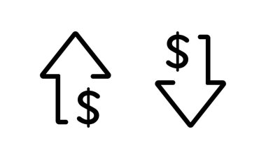 Beyaz arkaplandaki dolar oku ve aşağı simgesi izole edildi. ABD para birimi büyümesi ve düşüş işareti sembolü