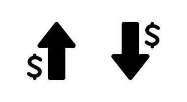 Beyaz arkaplandaki dolar oku ve aşağı simgesi izole edildi. USD büyüme ve gerileme işareti simgesi