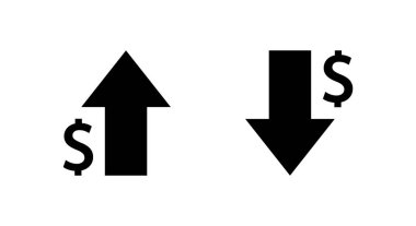 Bir dolarlık ok yukarı ve aşağı simgesi. ABD para birimi artırımı ve işaret simgesini azalt