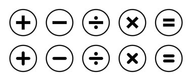 Çember çizgisi üzerinde temel matematik sembolleri simgesi. Toplama, çıkarma, bölme, çarpma ve denklem işareti