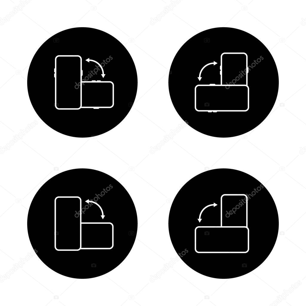 Auto rotate smartphone icon set on black circle. Phone rotation sign symbol