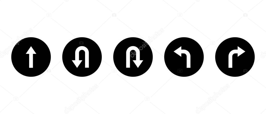 Go straight, this way, one way only, U turn, left and right arrow direction icon on black circle