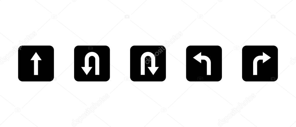 Go straight, this way, one way only, U turn, left and right arrow direction icon on black circle