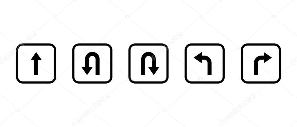 Go straight, this way, one way only, U turn, left and right arrow direction icon on square line