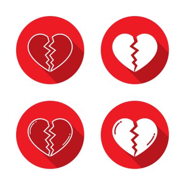 Kırık kalp ikonu uzun gölgeli. Kalp kırıklığının ana hatları. Aşk ayrılığı ve duygusal acı kavramı