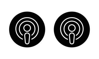 Podcast ana hatları simgesi. Siyah çemberdeki ses yayını ve yayın sembolü