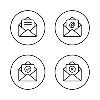 Dairesel hatlı bir e-posta zarfı simgesi. Belge ekleme, posta sembolü, doğrulanmış ileti ve başarısız ileti