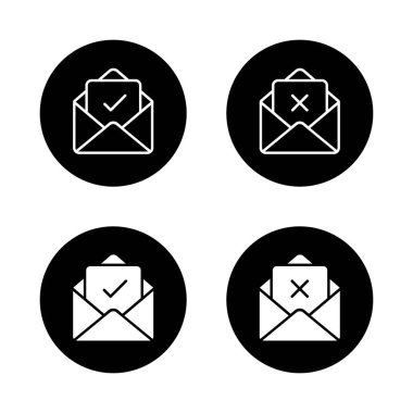 Email envelope with check and cross mark icon. Approved and rejected message symbol in black circle
