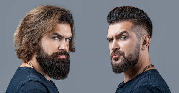 Shaving, hairstyling. Beard, shave before, after. Long beard Hair style hair stylist. Collage man before and after visiting barbershop, different haircut, mustache, beard. Male beauty, comparison.