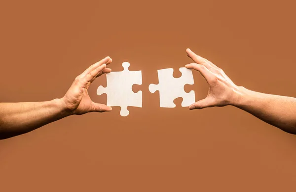 Two Hands Trying Connect Couple Puzzle Piece Gray Background Teamwork — 图库照片