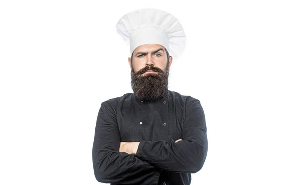 stock image Bearded chef, cooks or baker. Bearded male chefs isolated on white. Cook hat. Confident bearded male chef in black uniform. Serious cook in white uniform, chef hat. Portrait of a serious chef cook.