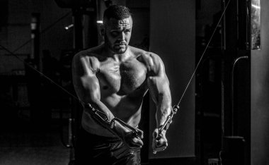 Crossover in gym. Handsome man with big muscles in gym. Fitness man execute exercise with exercise-machine Cable Machine in the gym. Abs and biceps. Black and white.